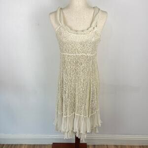 Komarov Cream Gold Lace Overlay Crinkle Slip Sleeveless Dress Women's Medium
